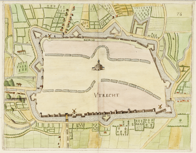 214024 Plattegrond van de stad Utrecht met directe omgeving; met weergave van de verdedigingswerken; met wegen, ...